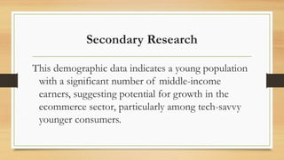 Secondary Research
This demographic data indicates a young population
with a significant number of middle-income
earners, suggesting potential for growth in the
ecommerce sector, particularly among tech-savvy
younger consumers.
 