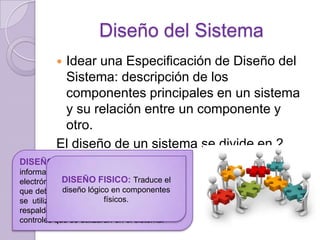Diseño del Sistema
Idear una Especificación de Diseño del
Sistema: descripción de los
componentes principales en un sistema
y su relación entre un componente y
otro.
El diseño de un sistema se divide en 2
DISEÑO componentes: el flujo de
LOGICO: Describe


información en un sitio de comercio
 las funciones de Traduce el
electrónico, DISEÑO FISICO: procesamiento
diseño lógico bases de datos
que deben realizarse , lasen componentes que
físicos.

se utilizan, los procedimientos de seguridad
respaldo de emergencia que se instituirán, los
controles que se utilizaran en el sistema.

Diseño Lógico.
Diseño Físico.

 