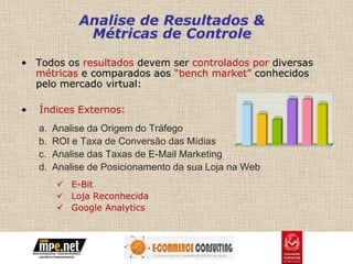 Analise de Resultados &
               Métricas de Controle

• Todos os resultados devem ser controlados por diversas
  métricas e comparados aos “bench market” conhecidos
  pelo mercado virtual:

•   Índices Externos:
    a.   Analise da Origem do Tráfego
    b.   ROI e Taxa de Conversão das Mídias
    c.   Analise das Taxas de E-Mail Marketing
    d.   Analise de Posicionamento da sua Loja na Web
          E-Bit
          Loja Reconhecida
          Google Analytics
 