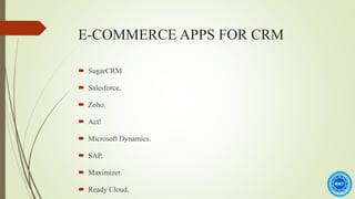 E-COMMERCE APPS FOR CRM
 SugarCRM
 Salesforce.
 Zoho.
 Act!
 Microsoft Dynamics.
 SAP.
 Maximizer.
 Ready Cloud.
 