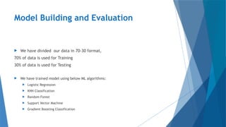 Model Building and Evaluation
 We have divided our data in 70-30 format,
70% of data is used for Training
30% of data is used for Testing
 We have trained model using below ML algorithms:
 Logistic Regression
 KNN Classification
 Random Forest
 Support Vector Machine
 Gradient Boosting Classification
 