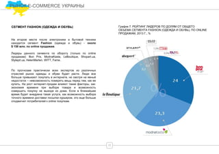 На втором месте после электроники и бытовой техники
находится сегмент Fashion (одежда и обувь) - около
$ 150 млн. по online продажам.
Лидеры данного сегмента по обороту (только по online
продажам): Bon Prix, ModnaKasta, LeBoutique, Shopart.ua,
Stylepit.ua, HelenMarlen, WITT, Fame.
По прогнозам практически всех экспертов из различных
отраслей рынок одежды и обуви будет расти. Люди все
больше привыкают покупать в интернете, не смотря на явный
недостаток – невозможность померять вещь перед тем, как ее
купить. На рост интернет-продаж влияют такие факторы, как:
экономия времени при выборе товара и возможность
совершить покупку не выходя из дома. Если в ближайшее
время будет внедрена такая услуга, как возможность выбора
точного времени доставки посылки курьером, это еще больше
сподвигнет потребителей к online покупкам.
СЕГМЕНТ FASHION (ОДЕЖДА И ОБУВЬ)
17
РЫНОК E-COMMERCE УКРАИНЫ
График 7. РЕЙТИНГ ЛИДЕРОВ ПО ДОЛЯМ ОТ ОБЩЕГО
ОБЪЕМА СЕГМЕНТА FASHION (ОДЕЖДА И ОБУВЬ), ПО ONLINE
ПРОДАЖАМ, 2013 Г., %
 