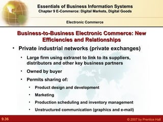 Business-to-Business Electronic Commerce: New Efficiencies and Relationships Private industrial networks (private exchanges) L arge firm using extranet to link to its suppliers, distributors and other key business partners Owned by buyer Permits sharing of: Product design and development Marketing Production scheduling and inventory management Unstructured communication (graphics and e-mail) Electronic Commerce Essentials of Business Information Systems Chapter 9 E-Commerce: Digital Markets, Digital Goods 