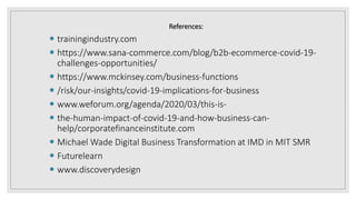 References:
 trainingindustry.com
 https://www.sana-commerce.com/blog/b2b-ecommerce-covid-19-
challenges-opportunities/
 https://www.mckinsey.com/business-functions
 /risk/our-insights/covid-19-implications-for-business
 www.weforum.org/agenda/2020/03/this-is-
 the-human-impact-of-covid-19-and-how-business-can-
help/corporatefinanceinstitute.com
 Michael Wade Digital Business Transformation at IMD in MIT SMR
 Futurelearn
 www.discoverydesign
 