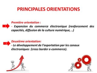 PRINCIPALES ORIENTATIONS
1
Première orientation :
- Expansion du commerce électronique (renforcement des
capacités, diffusion de la culture numérique, ..)
Deuxième orientation:
- Le développement de l'exportation par les canaux
électroniques (cross border e-commerce).
2
24
 