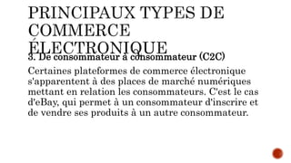 3. De consommateur à consommateur (C2C)
Certaines plateformes de commerce électronique
s'apparentent à des places de marché numériques
mettant en relation les consommateurs. C'est le cas
d'eBay, qui permet à un consommateur d'inscrire et
de vendre ses produits à un autre consommateur.
 