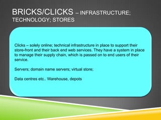 BRICKS/CLICKS – INFRASTRUCTURE;
TECHNOLOGY; STORES



Clicks – solely online; technical infrastructure in place to support their
store-front and their back end web services. They have a system in place
to manage their supply chain, which is passed on to end users of their
service.

Servers; domain name servers; virtual store;

Data centres etc.. Warehouse, depots
 