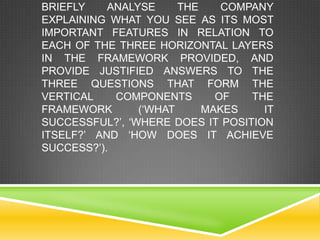 BRIEFLY    ANALYSE     THE    COMPANY
EXPLAINING WHAT YOU SEE AS ITS MOST
IMPORTANT FEATURES IN RELATION TO
EACH OF THE THREE HORIZONTAL LAYERS
IN THE FRAMEWORK PROVIDED, AND
PROVIDE JUSTIFIED ANSWERS TO THE
THREE QUESTIONS THAT FORM THE
VERTICAL    COMPONENTS       OF   THE
FRAMEWORK       (‘WHAT     MAKES    IT
SUCCESSFUL?’, ‘WHERE DOES IT POSITION
ITSELF?’ AND ‘HOW DOES IT ACHIEVE
SUCCESS?’).
 