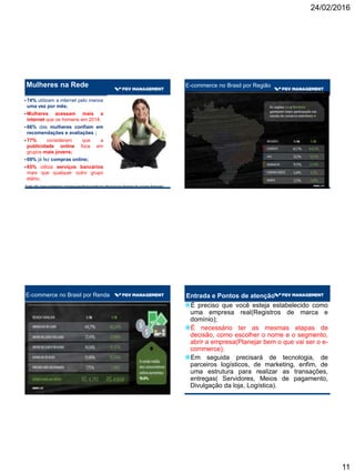 24/02/2016
11
Mulheres na Rede
Fonte: http://www.sophiamind.com/pesquisas/financas/internet-influencia-nas-decisoes-de-compras-femininas/
•74% utilizam a internet pelo menos
uma vez por mês;
•Mulheres acessam mais a
internet que os homens em 2014;
•66% das mulheres confiam em
recomendações e avaliações ;
•77% consideram que a
publicidade online foca em
grupos mais jovens;
•69% já fez compras online;
•65% utiliza serviços bancários
mais que qualquer outro grupo
etário.
E-commerce no Brasil por Região
E-commerce no Brasil por Renda Entrada e Pontos de atenção
É preciso que você esteja estabelecido como
uma empresa real(Registros de marca e
domínio);
É necessário ter as mesmas etapas de
decisão, como escolher o nome e o segmento,
abrir a empresa(Planejar bem o que vai ser o e-
commerce);
Em seguida precisará de tecnologia, de
parceiros logísticos, de marketing, enfim, de
uma estrutura para realizar as transações,
entregas( Servidores, Meios de pagamento,
Divulgação da loja, Logística).
 