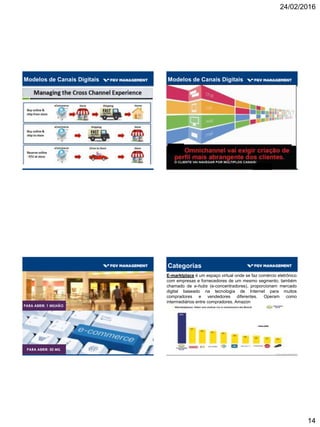 24/02/2016
14
Modelos de Canais Digitais Modelos de Canais Digitais
PARA ABRIR: 1 MILHÃO
PARA ABRIR: 50 MIL
Categorias
E-marktplace é um espaço virtual onde se faz comércio eletrônico
com empresas e fornecedores de um mesmo segmento, também
chamado de e-hubs (e-concentradores), proporcionam mercado
digital baseado na tecnologia de Internet para muitos
compradores e vendedores diferentes. Operam como
intermediários entre compradores. Amazon
 