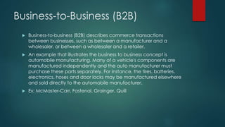 Business-to-Business (B2B) 
 Business-to-business (B2B) describes commerce transactions 
between businesses, such as between a manufacturer and a 
wholesaler, or between a wholesaler and a retailer. 
 An example that illustrates the business to business concept is 
automobile manufacturing. Many of a vehicle's components are 
manufactured independently and the auto manufacturer must 
purchase these parts separately. For instance, the tires, batteries, 
electronics, hoses and door locks may be manufactured elsewhere 
and sold directly to the automobile manufacturer. 
 Ex: McMaster-Carr, Fastenal, Grainger, Quill 
 