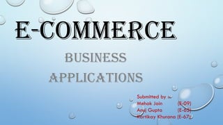 E-COMMERCE
BUSINESS
APPLICATIONS
Submitted by :-
Mehak Jain (E-09)
Anuj Gupta (E-65)
Kartikay Khurana (E-67)
 