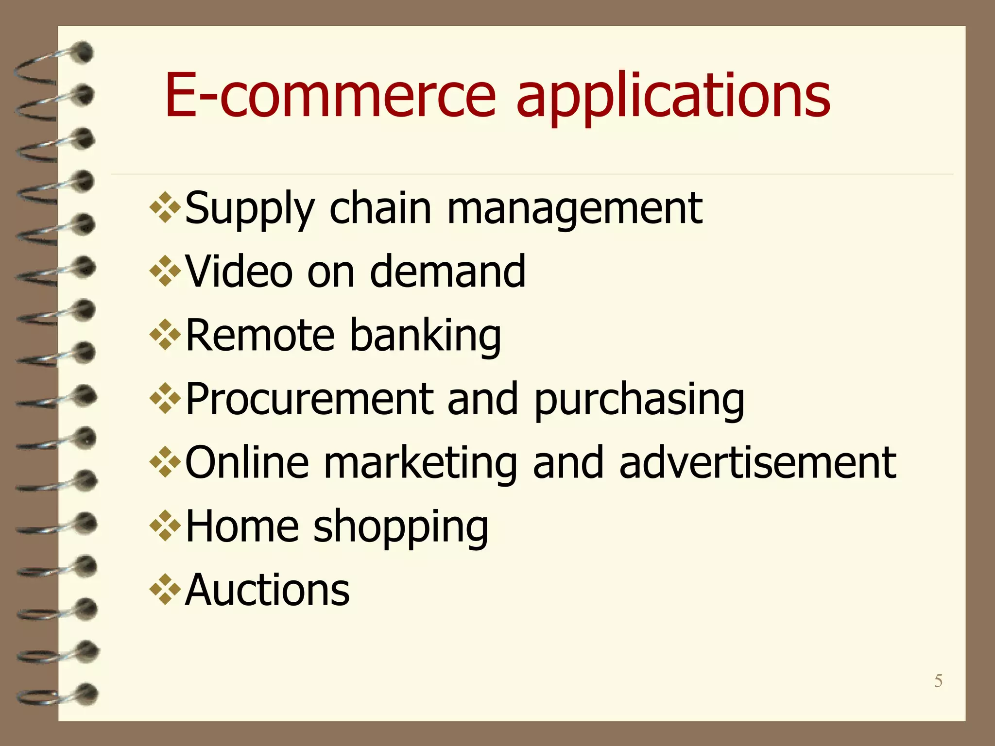 5
E-commerce applications
Supply chain management
Video on demand
Remote banking
Procurement and purchasing
Online marketing and advertisement
Home shopping
Auctions
 