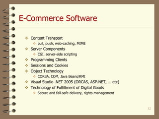 E-Commerce Software
32
 Content Transport
 pull, push, web-caching, MIME
 Server Components
 CGI, server-side scripting
 Programming Clients
 Sessions and Cookies
 Object Technology
 CORBA, COM, Java Beans/RMI
 Visual Studio .NET 2005 (ORCAS, ASP.NET, … etc)
 Technology of Fulfillment of Digital Goods
 Secure and fail-safe delivery, rights management
 