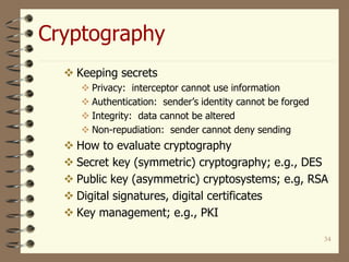 34
Cryptography
 Keeping secrets
 Privacy: interceptor cannot use information
 Authentication: sender’s identity cannot be forged
 Integrity: data cannot be altered
 Non-repudiation: sender cannot deny sending
 How to evaluate cryptography
 Secret key (symmetric) cryptography; e.g., DES
 Public key (asymmetric) cryptosystems; e.g, RSA
 Digital signatures, digital certificates
 Key management; e.g., PKI
 