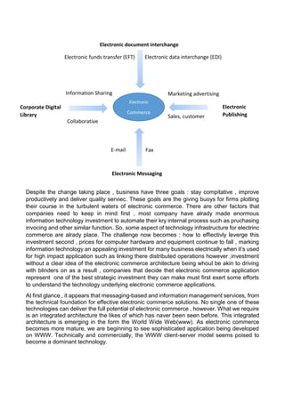 Despite the change taking place , business have three goals : stay compitative , improve productivety and deliver quality serviec. These goals are the giving buoys for firms plotting their course in the turbulent waters of electronic commerce. There are other factors that companies need to keep in mind first , most company have alrady made enormous information technology investment to automate their kry internal process such as pruchasing invocing and other similar function. So, some aspect of technology infrastructure for electrinc commerce are alrady place. The challenge now becomes : how to effiectivly leverge this investment second , prices for computer hardware and equipment continue to fall , marking information technology an appealing investment for many business electrically when it’s used for high impact application such as linking there distributed operations however ,investment without a clear idea of the electronic commerce architecture being whoul be akin to driving with blinders on as a result , companies that decide thet electronic commerce application represent one of the best strategic investment they can make must first exert some efforts to understand the technology underlying electronic commerce applications. 
At first glance , it appears that messaging-based and information management services, from the technical foundation for effective electronic commerce solutions. No single one of these technologies can deliver the full potential of electronic commerce , however. What we require is an integrated architecture the likes of which has naver been seen before. This integrated architecture is emerging in the form the World Wide Web(www). As electronic commerce becomes more mature, we are beginning to see sophisticated application being developed on WWW. Technically and commercially, the WWW client-server model seems poised to become a dominant technology. 
Electronic 
Commerce 
Electronic document interchange 
Electronic funds transfer (EFT) 
Electronic data interchange (EDI) 
Marketing advertising 
Electronic 
Publishing 
Sales, customer support 
Fax 
E-mail 
Corporate Digital 
Library 
Information Sharing 
Collaborative Work 
Electronic Messaging  