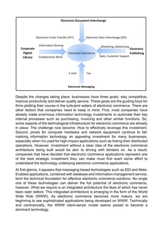 Despite the changes taking place, businesses have three goals: stay competitive, improve productivity and deliver quality service. These goals are the guiding boys for firms plotting their course in the turbulent waters of electronic commerce. There are other factors that companies need to keep in mind. First, most companies have already made enormous information technology investments to automate their key internal processes such as purchasing, invoicing and other similar functions. So, some aspects of the technological infrastructure for electronic commerce are already in place. The challenge now become: How to effectively leverage this investment. Second, prices for computer hardware and network equipment continue to fall, marking information technology an appealing investment for many businesses, especially when it’s used for high-impact applications such as linking their distributed operations. However, investment without a clear idea of the electronic commerce architecture being built would be akin to driving with blinders on. As a result, companies that have decided that electronic commerce applications represent one of the best strategic investment they can make must first exert some effort to understand the technology underlying electronic commerce applications. 
At first glance, it appears that messaging based technologies such as EDI and Male- Enabled applications, combined with database and information management service, form the technical foundation for effective electronic commerce solutions. No single one of these technologies can deliver the full potential of electronic commerce, however. What we require is an integrated architecture the likes of which has never been seen before. This integrated architecture is emerging in the form of the World Wide Web (WWW). As electronic commerce becomes more mature, we are beginning to see sophisticated applications being developed on WWW. Technically and commercially, the WWW client-server model seems poised to become a dominant technology. 
Electronic Data Interchange (EDI) 
Electronic Funds Transfer (EFT) 
Information Sharing 
Collaborative Work 
Corporate Digital Library 
Electronic Commerce 
Marketing, Advertising 
Sales, Customer Support 
Electronic Publishing 
E-mail 
Fax 
Electronic Messaging 
Electronic Document Interchange  