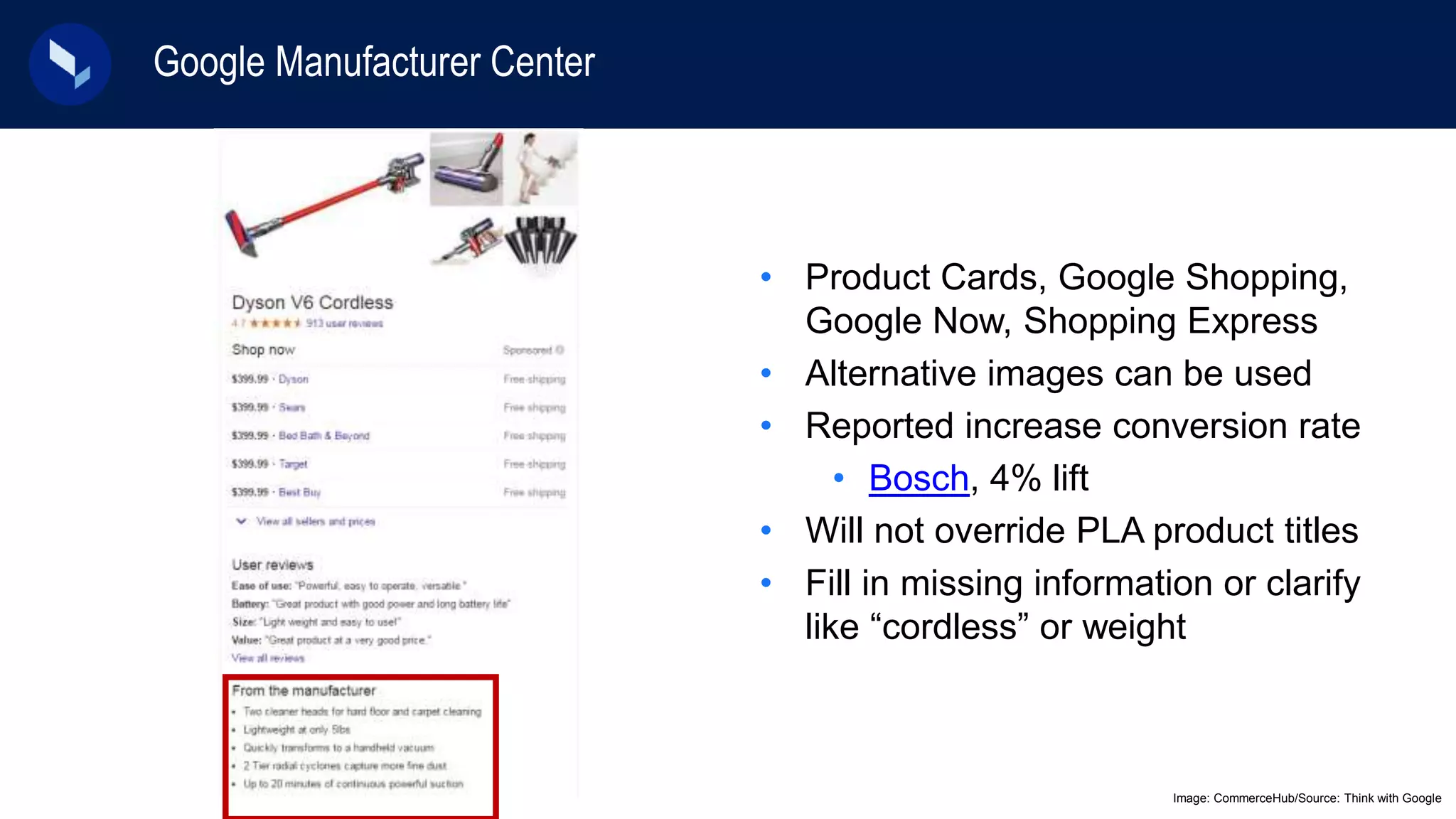 • Product Cards, Google Shopping,
Google Now, Shopping Express
• Alternative images can be used
• Reported increase conversion rate
• Bosch, 4% lift
• Will not override PLA product titles
• Fill in missing information or clarify
like “cordless” or weight
Google Manufacturer Center
Image: CommerceHub/Source: Think with Google
 