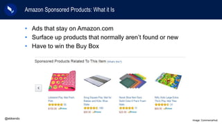 Amazon Sponsored Products: What it Is
@ebkendo
• Ads that stay on Amazon.com
• Surface up products that normally aren’t fo...