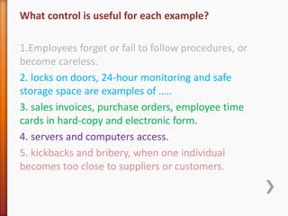 What control is useful for each example?
1.Employees forget or fail to follow procedures, or
become careless.
2. locks on doors, 24-hour monitoring and safe
storage space are examples of …..
3. sales invoices, purchase orders, employee time
cards in hard-copy and electronic form.
4. servers and computers access.
5. kickbacks and bribery, when one individual
becomes too close to suppliers or customers.
 