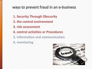 1. Security Through Obscurity
2. the control environment
3. risk assessment
4. control activities or Procedures
5. information and communication
6. monitoring
 