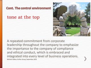 tone at the top
A repeated commitment from corporate
leadership throughout the company to emphasize
the importance to the company of compliance
and ethical conduct, which is embraced and
integrated into every level of business operations.
Michael Volkov, Kreller Group, September 2012
 