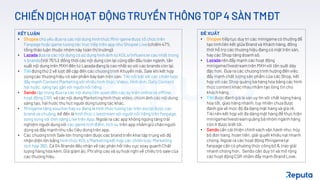 21
KẾT LUẬN
• Shopeechủ yếu đưa ra các nội dung hìnhthức Mini-gameđược tổ chứctrên
Fanpage hoặcgame tương tác trực tiếp trên app như Shopee Live (chiếm47%
tổng thảo luận thuộc nhóm này toàn thị trường);
• Lazadađưa ra các nội dung có sử dụnghình ảnh từ KOLs/Influencercao nhất trong
4 brands(Với 75%); đồng thời các nội dung còn lại cũngdẫn đầu toàn ngành,tần
suất nội dung trên MXH đến từ Lazadađanglà cao nhất so với các brandscòn lại.
• Tikiđứngthứ 2 về lượt đề cập đến các chươngtrình Khuyến mãi, Sale khikết hợp
cùngcác thương hiệu có sản phẩm bày bán trên sàn. Tikinổi bật với các chiến lược
đẩy mạnh ContentMarketingvới nhiều hình thức:Video, Hình ảnh, Daily Content
hài hước, sáng tạo gắn với ngườinổi tiếng.
• Sendotập trung đưa ra các nội dung liên quan đến cácsự kiện onlinevà offline,
hoạt động CSR và các nội dung Marketinghình thứcvideo, chùmảnh các nội dung
sáng tạo, hài hước thu hút người dùngtương tác khác.
• Minigametặng voucher hay xu đang là hìnhthức tương tác trên socialđược các
brand ưa chuộng, kế đến là hình thức Livestream với người nổi tiếng trên fanpage,
song song với tính năngLive trên App. Ngoài ra các app khôngngừng tăng trải
nghiệm ngườidùng với các game tích điểm,tích xu trên app nhằmgiữ chân người
dùngvà đẩy mạnh nhu cầu tiêu dùngtrên app.
• Các chươngtrình Sale lớn trong năm được các brand triển khai tập trung với độ
nhận diện lớn bằng hình thức KOLs Marketingkết hợp các chiến lược Marketing
tích hợp 360. Cả 04 Brands đều nhận về các phản hồi tiêu cực xoay quanh Chất
lượng hàng hóa kém,Giá giảmảo, Phí ship cao và sự hoàinghi về chiêu trò sale của
các thương hiệu.
ĐỀ XUẤT
• Shopee tiếptục duy trì các minigamecó thưởng để
tạo tính liên kết giữa Brand và Kháchhàng, đồng
thời hỗ trợ các thươnghiệu đang có mặt trên sàn,
hay các Shop tăng doanh số.
• Lazadanên đẩy mạnh các hoạt động
minigame/livestreamtrên MXH với tần suất dày
đặc hơn. Đưa ra các chươngtrình hướng đến việc
đẩy mạnh chất lượng sản phẩm của các Shop, kết
hợp với các Shop quảng bá hàng hóa bằng các hình
thức contentkhác nhau nhằm tạo lòng tin cho
kháchhàng.
• Tikiđược đánh giá là sàn uy tín với chất lượng hàng
hóa tốt, giao hàng nhanh,tuy nhiên chưađược
đánhgiá về mức độ đa dạng mặt hàng và giá rẻ.
Tikinên kết hợp với đa dàngmặt hàng để thực hiện
minigame/livestreamquảng bá nhóm ngành hàng
còn ít được biết tới.
• Sendocần cải thiện chínhsách vận hành như: hủy
bỏ đơn hàng,hoàn tiền, giải quyết khiếu nại nhanh
chóng.Ngoài ra các hoạt động Minigametại
fanpagecần có phươngthức công bô & trao giải
nhanhchóng hơn. Sendo cần duy trì và mở rộng
các hoạt động CSR nhằm đẩy mạnh Brand Love.
CHIẾN DỊCH HOẠT ĐỘNG TRUYỀN THÔNG TOP 4 SÀN TMĐT
 