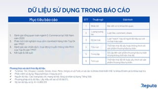 DỮ LIỆU SỬ DỤNG TRONG BÁO CÁO
Mụctiêubáo cáo
1. Đánh giá tổng quan toàn ngành E-Commerce tại Việt Nam
năm 2020
2. Phân tích trải nghiệm mua sắm của khách hàng trên Top 04
sàn TMĐT
3. Đánh giá các chiến dịch, hoạt động truyền thông trên MXH
của Top 04 sàn TMĐT
4. Kết luận & Đề xuất
STT Thuậtngữ Giảithích
1 Nhắc tới Bài viết có từ khóa liên quan.
2
Lượng tương
tác
Lượt like, comment,share.
3 Độ lan toả
Lượt ”reach”,hay số người đã tiếp xúc với
tin/bàithảo luận.
4 Tiêu cực
Thể hiện thái độ xấu hoặc không thíchvới
sản phẩm/thươnghiệu/sự kiện.
5 Trung lập
Đề cập đến sản phẩm/thươnghiệu/sự kiện
nhưngkhông thể hiện thái độ.
6 Tích cực
Thể hiện thái độ tốt hoặc yêu thích với sản
phẩm/thươnghiệu/sự kiện.
Phươngthứcvàcáchthứclấy dữliệu
✓ Từ khóa: Tiki, Shopee, Lazada, Sendo, Voso, Meta,Vatgia.vn và Fado.vn và các từ khóa chínhbiến thể, từ khóa đi kèm và từ khóa loại trừ.
✓ Phần mềm sử dụng: Reputa (https://reputa.vn/).
✓ Nguồn dữ liệu: Các trang báo chí, mạng xã hội, blog cá nhân sử dụng Tiếng Việt.
✓ Phương pháp xử lý dữ liệu: Lấy mẫu với sai số tối đa 5%.
✓ Độ lơn dữ liệu xử lý: N = 6,989,325
 