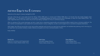 Add More Edge To Your E-Commerce
Welcome to this season’s Industry Spotlight for 2016!
Last year, China has set a new world record for hitting 1 Billion RMB sales in 1 minute and 10 Billion RMB sales in 12 minutes from the world’s biggest online
shopping day- 11.11. The power of Chinese e-consumption is unstoppable despite the slowing economy and is estimated to reach 9.6 Trillion RMB by 2020. This
sheer magnitude alone is the main reason why we are now taking a spotlight on China’s E-commerce industry.
After an overview of the current landscape, we took a closer look on advertising opportunities and promotional efforts made by top e-commerce platforms. The
last 2 sections are dedicated to case studies from successful brands in various categories, as well as some insights from e-commerce companies themselves.
With Singles’ Day 2016 just around the corner (and another expected world record), we hope that this publication can facilitate early planning. And in the long-run
we hope that it can provide marketers a better reference and guide to win the e-commerce battle in China.
Enjoy reading!
Mark Opao
Associate Strategy Director
Publicis Media Greater China
Mandy Hou
Head of E-Commerce and Programmatic
Performics, Publicis Media Greater China
Shann Biglione
Chief Strategy Officer
Publicis Media Greater China
3
 