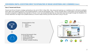 CONVERGING DIGITAL ECOSYSTEMS DRIVE THE INTEGRATION OF BRAND ADVERTISING AND E-COMMERCE (Cont.)
Case 2: Tencent and JD.com
Tencent and JD.com formed a strategic partnership at the end of 2014. In May 2016, they announced opening up a marketing tool to all brands worldwide
which allow more targeting precision using shopping behavior, social and demographic data. Tencent provides data on what public accounts people follow
and which companies or celebrities they may like on. JD.com, in turn, has transactional data that can show what users have bought through the JD platform. As
a result, Advertisers can target more suitable audience on Tencent media inventory and then drive them to buy on JD.com
Shopping Behavior Data
 Search
 Add to Cart
 Search
Social and Demographic Data
 FemaleMale, Age
 Cannes Article Readers
 Spokesperson Fans
 JD Buyer Lookalike Modeling
37
 