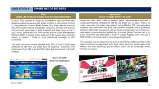 CASE STUDY 5 SMART USE OF BIG DATA
Benz-Smart
BE AN “E-SALES AGENT” IN 1 DAY
Friso
USING LBS TO REACH ONLINE AND OFFLINE CONSUMERS
Known for their “flash” sales in previous years, Mercedes-Benz launched a
unique promotional campaign to sell its 666 Smart cars in 12.12– that is, to
make consumers the sellers themselves! Using Allibaba DSP, Mercedes-Benz
targeted auto enthusiasts (via their user behavior, interests, and e-commerce
behavior within Alli’s ecosystem) with an attractive proposition to be Smart’s e-
sales agent by promoting and selling the car to their friends. The best part is for
every confirmed sale generated in Smart’s Taobao flagship store, they get a
RMB 10,000 commission sent to their Alipay straightaway!
The campaign was an instant success with all the 666 cars sold in just half a day!
Smart continues to experiment with these clever tactics in social media (Sina
Weibo) and even launching special edition smart cars to continually attract
Chinese car buyers.
In 2015, Friso wanted to boost its e-commerce sales but finds that
targeting online consumers with broad profiling is not enough to drive
it. Using Alibaba’s Location-Based System (LBS), they collected historical
data from locations where prospective consumers of infant milk formula
can be found, particularly in baby hospitals and baby stores in Tier 1
and 2 cities. Offline data was then married with Ali’s Data Management
Platform (DMP) to include online data (use of Ali-owned apps, purchase
history in Taobao / Tmall) to push advertising messages to IMF
consumers.
This tactic has been proven effective with 75% of Friso’s Tmall page
attributed to LBS than any other form of targeting. Moreover, CTR
performance from LBS is almost 40% higher than benchmark in the IMF
category.
Source: Alibaba
44
 