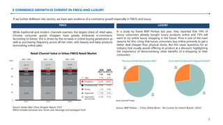 E-COMMERCE GROWTH IS EVIDENT IN FMCG AND LUXURY
FMCG
Source: Kantar-Bain China Shopper Report 2015
FMCG includes personal care, home care, beverage and packaged food
Retail Channel Value in Urban FMCG Retail Market
While traditional and modern channels maintain the largest share of retail sales,
Chinese consumer goods shoppers have greatly embraced e-commerce.
According to Kantar. this is driven by the increase in online buying penetration as
well as purchasing frequency across all tier cities, with beauty and baby products
dominating online sales.
LUXURY
If we further drilldown into sectors, we have seen evidence of e-commerce growth especially in FMCG and luxury.
Source: BNP Paribas---”China Online Boom - No Country for Ostrich Brands” (2015)
In a study by Exane BNP Paribas last year, they reported that 74% of
luxury consumers already bought luxury products online and 73% will
want to try online luxury shopping in the future. Price is one of the main
reasons for this, citing that luxury consumers buy online primarily to get a
better deal cheaper than physical stores. But this raises questions for an
industry that usually avoids offering its product at a discount, highlighting
the importance of demonstrating other benefits of e-shopping to their
consumers.
8
 