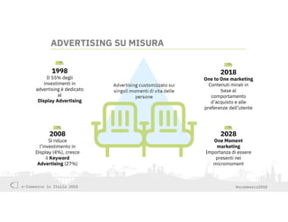 e-Commerce in Italia 2018 #ecommerce2018
ADVERTISING SU MISURA
Advertising customizzato sui
singoli momenti di vita delle
persone
2008
Si riduce
l’investimento in
Display (4%), cresce
il Keyword
Advertising (27%)
2018
One to One marketing
Contenuti mirati in
base al
comportamento
d’acquisto e alle
preferenze dell’utente
1998
Il 55% degli
investimenti in
advertising è dedicato
al
Display Advertising
2028
One Moment
marketing
Importanza di essere
presenti nei
micromoment
 