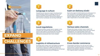 EXPAND
CHALLENGES
1
Language & culture
Despite being in the same region, Southeast Asian
countries speak different languages, derive from
distinct heritages and possess unique cultural
characteristics. Therefore, learning and adapting to
each country’s landscape can be a big challenge.
3
Local regulations
International sellers usually have to register a local
company, get a product permit and pay import
taxes to start selling in Southeast Asia. The region’s
legal environment is diverse across countries,
making the procedures even more complex.
5
Logistics & infrastructure
Southeast Asia’s supply chain and logistics ecosystem
are transforming to catch up with the growth of
E-commerce. However, it’s difﬁcult to overcome
certain geographical terrains, especially for archipelagic
countries like Indonesia and the Philippines.
2
Cash-on-Delivery (CoD)
Due to the region’s limited exposure to online payment,
CoD remains the most popular payment method,
accounting for nearly half the total transactions. CoD
requires additional cost, has higher return rates and is
often inapplicable to cross-border shipping.
4
Various sales channels
Shopee and Lazada compete head-to-head in all
major Southeast Asia markets, along with local-based
marketplaces. The ongoing battle means that
merchants have to sell multi-channel to reach as
many customers as possible, including social media.
6
Cross-border commerce
Cross-border commerce is on the rise, but it also
comes with many barriers. Factors such as logistics,
taxes & duties, customs clearance, currency &
payment vary between countries, thus assistance
from regional expert is advisable.
18
 