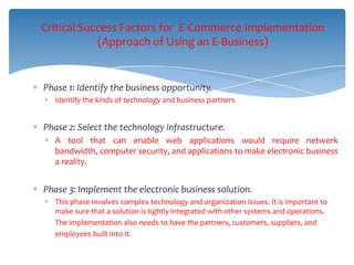 Critical Success Factors for E-Commerce Implementation
            (Approach of Using an E-Business)


Phase 1: Identify the business opportunity.
  Identify the kinds of technology and business partners


Phase 2: Select the technology infrastructure.
  A tool that can enable web applications would require network
  bandwidth, computer security, and applications to make electronic business
  a reality.


Phase 3: Implement the electronic business solution.
  This phase involves complex technology and organization issues. It is important to
  make sure that a solution is tightly integrated with other systems and operations.
  The implementation also needs to have the partners, customers, suppliers, and
  employees built into it.
 