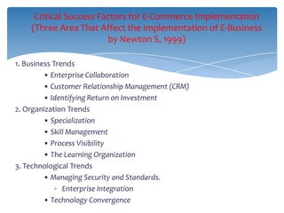 Critical Success Factors for E-Commerce Implementation
    (Three Area That Affect the Implementation of E-Business
                        by Newton S, 1999)

1. Business Trends
         • Enterprise Collaboration
         • Customer Relationship Management (CRM)
         • Identifying Return on Investment
2. Organization Trends
         • Specialization
         • Skill Management
         • Process Visibility
         • The Learning Organization
3. Technological Trends
         • Managing Security and Standards.
               Enterprise Integration
         • Technology Convergence
 