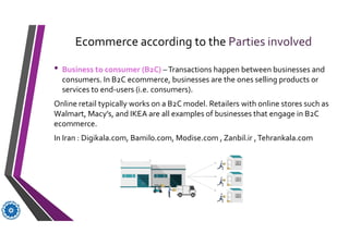 Ecommerce according to the Parties involved
• Business to consumer (B2C) –Transactions happen between businesses and
consumers. In B2C ecommerce, businesses are the ones selling products or
services to end-users (i.e. consumers).
Online retail typically works on a B2C model. Retailers with online stores such as
Walmart, Macy’s, and IKEA are all examples of businesses that engage in B2C
ecommerce.
In Iran : Digikala.com, Bamilo.com, Modise.com , Zanbil.ir ,Tehrankala.com
 