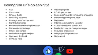 Belangrijke KPI’s op een rijtje
● R.O.I.
● Churn rate
● C.P.A. of C.A.C.
● Recurring Revenue
● Average revenue per user
● ...
