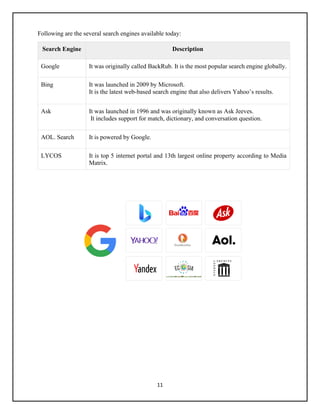 11
Following are the several search engines available today:
Search Engine Description
Google It was originally called BackRub. It is the most popular search engine globally.
Bing It was launched in 2009 by Microsoft.
It is the latest web-based search engine that also delivers Yahoo’s results.
Ask It was launched in 1996 and was originally known as Ask Jeeves.
It includes support for match, dictionary, and conversation question.
AOL. Search It is powered by Google.
LYCOS It is top 5 internet portal and 13th largest online property according to Media
Matrix.
 