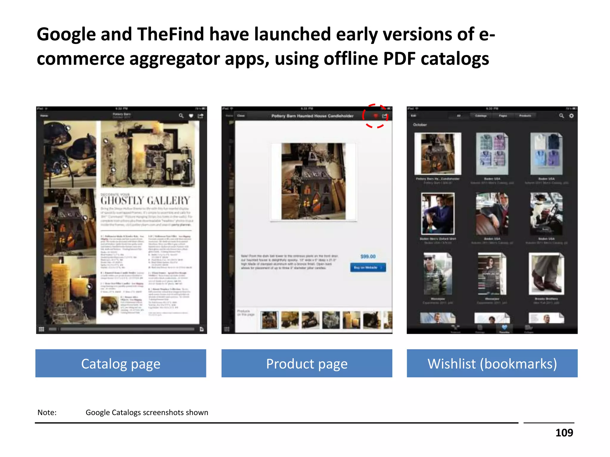 Google and TheFind have launched early versions of e-
commerce aggregator apps, using offline PDF catalogs




        Catalog page                        Product page   Wishlist (bookmarks)


Note:   Google Catalogs screenshots shown

                                                                              109
 
