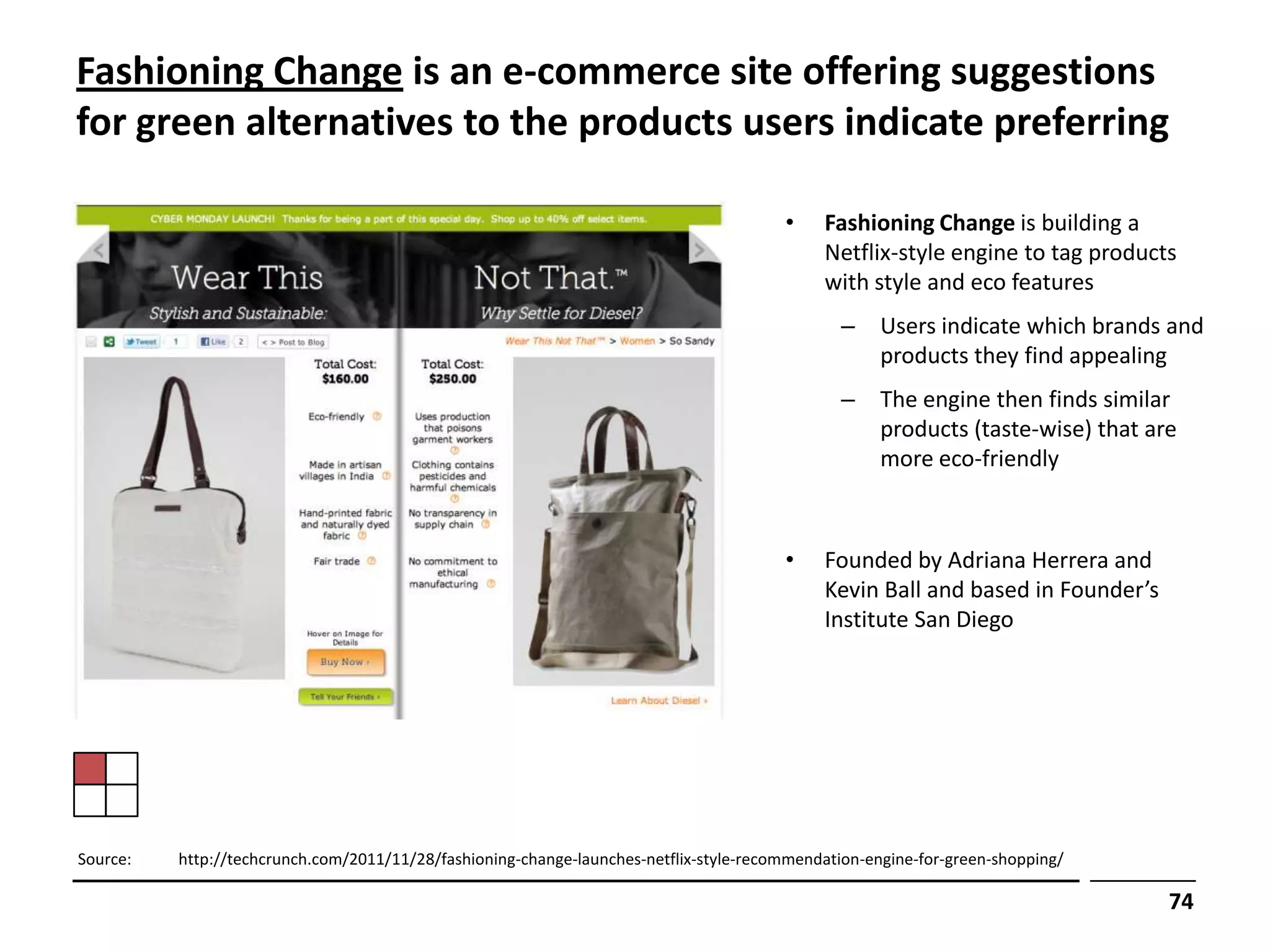 Fashioning Change is an e-commerce site offering suggestions
for green alternatives to the products users indicate preferring

                                                                                        •    Fashioning Change is building a
                                                                                             Netflix-style engine to tag products
                                                                                             with style and eco features
                                                                                                –    Users indicate which brands and
                                                                                                     products they find appealing
                                                                                                –    The engine then finds similar
                                                                                                     products (taste-wise) that are
                                                                                                     more eco-friendly



                                                                                        •    Founded by Adriana Herrera and
                                                                                             Kevin Ball and based in Founder’s
                                                                                             Institute San Diego




Source:   http://techcrunch.com/2011/11/28/fashioning-change-launches-netflix-style-recommendation-engine-for-green-shopping/

                                                                                                                                  74
 