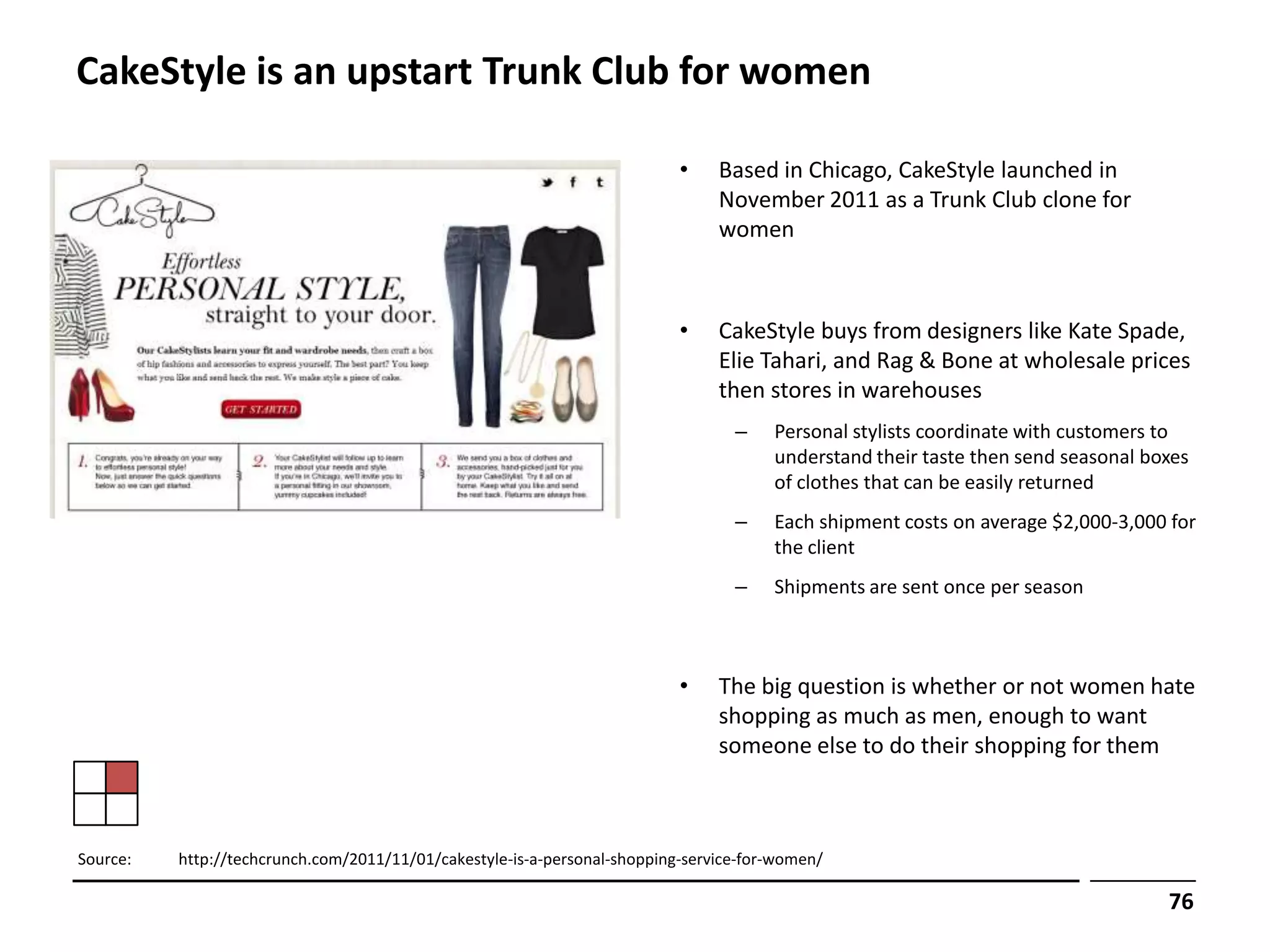 CakeStyle is an upstart Trunk Club for women

                                                                           •    Based in Chicago, CakeStyle launched in
                                                                                November 2011 as a Trunk Club clone for
                                                                                women



                                                                           •    CakeStyle buys from designers like Kate Spade,
                                                                                Elie Tahari, and Rag & Bone at wholesale prices
                                                                                then stores in warehouses
                                                                                  –    Personal stylists coordinate with customers to
                                                                                       understand their taste then send seasonal boxes
                                                                                       of clothes that can be easily returned
                                                                                  –    Each shipment costs on average $2,000-3,000 for
                                                                                       the client
                                                                                  –    Shipments are sent once per season



                                                                           •    The big question is whether or not women hate
                                                                                shopping as much as men, enough to want
                                                                                someone else to do their shopping for them



Source:   http://techcrunch.com/2011/11/01/cakestyle-is-a-personal-shopping-service-for-women/

                                                                                                                                   76
 