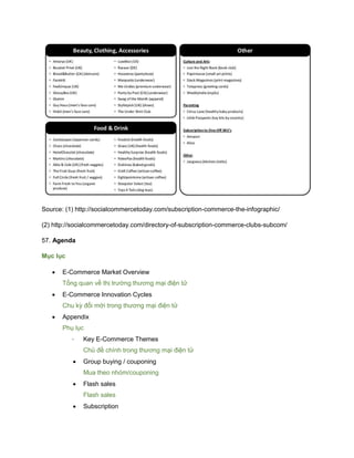 Source: (1) http://socialcommercetoday.com/subscription-commerce-the-infographic/
(2) http://socialcommercetoday.com/directory-of-subscription-commerce-clubs-subcom/
57. Agenda
Mục lục
 E-Commerce Market Overview
Tổng quan về thị trường thương mại điện tử
 E-Commerce Innovation Cycles
Chu kỳ đổi mới trong thương mại điện tử
 Appendix
Phụ lục
- Key E-Commerce Themes
Chủ đề chính trong thương mại điện tử
 Group buying / couponing
Mua theo nhóm/couponing
 Flash sales
Flash sales
 Subscription
 
