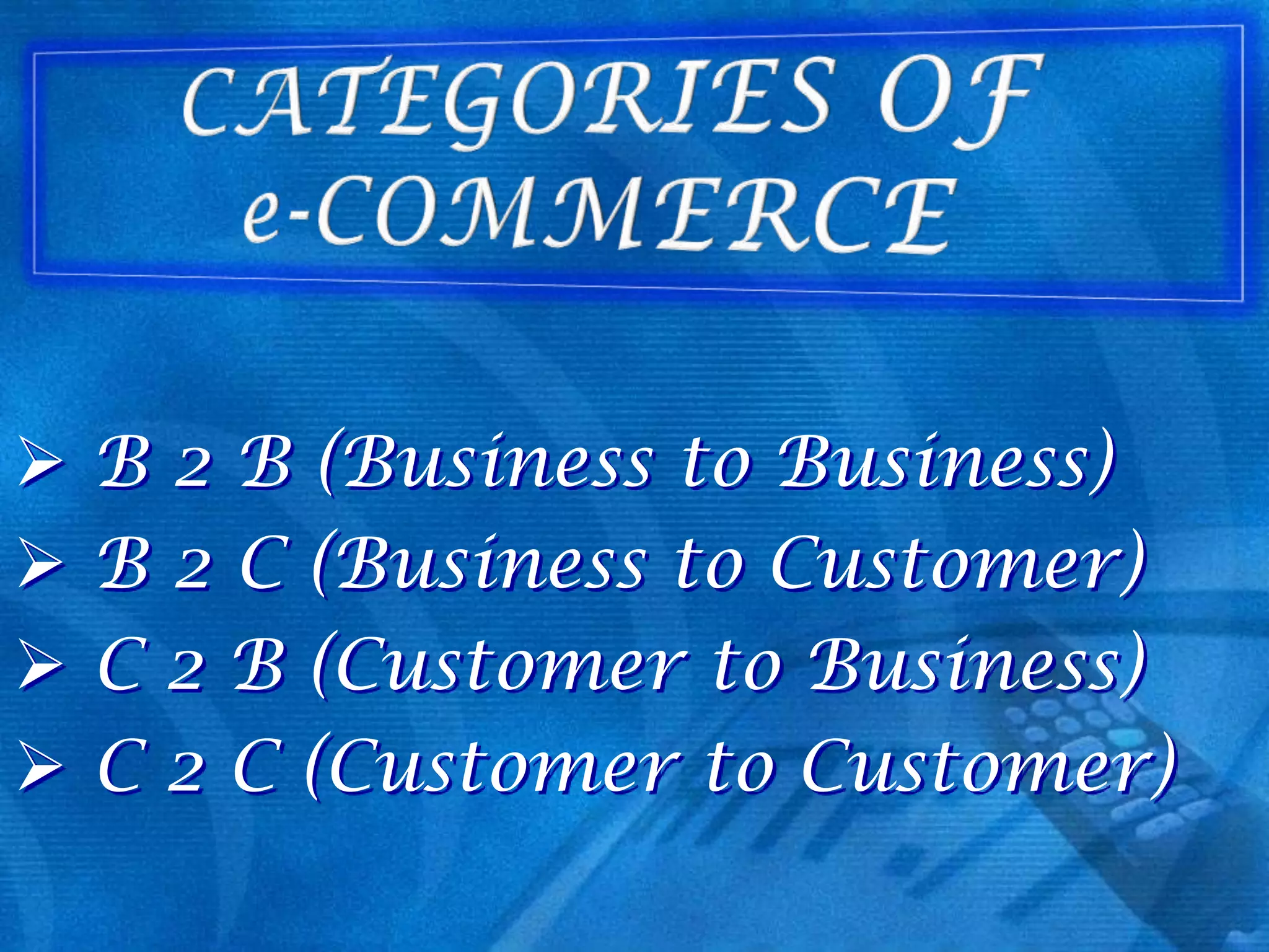




B 2 B (Business to Business)
B 2 C (Business to Customer)
C 2 B (Customer to Business)
C 2 C (Customer to Customer)

 