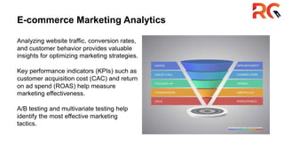 E-commerce Marketing Analytics
Analyzing website traffic, conversion rates,
and customer behavior provides valuable
insights for optimizing marketing strategies.
Key performance indicators (KPIs) such as
customer acquisition cost (CAC) and return
on ad spend (ROAS) help measure
marketing effectiveness.
A/B testing and multivariate testing help
identify the most effective marketing
tactics.
 