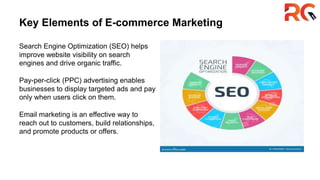 Key Elements of E-commerce Marketing
Search Engine Optimization (SEO) helps
improve website visibility on search
engines and drive organic traffic.
Pay-per-click (PPC) advertising enables
businesses to display targeted ads and pay
only when users click on them.
Email marketing is an effective way to
reach out to customers, build relationships,
and promote products or offers.
 