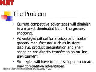 The Problem Current competitive advantages will diminish in a market dominated by on-line grocery shopping.  Advantages critical for a bricks and mortar grocery manufacturer such as in-store displays, product presentation and shelf space do not directly transfer to an on-line environment.  Strategies will have to be developed to create new competitive advantages. 