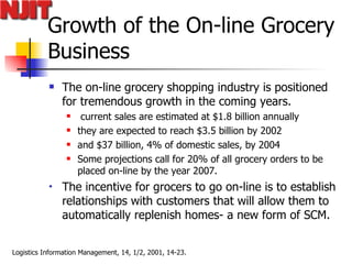 Growth of the On-line Grocery Business The on-line grocery shopping industry is positioned for tremendous growth in the coming years.  current sales are estimated at $1.8 billion annually  they are expected to reach $3.5 billion by 2002  and $37 billion, 4% of domestic sales, by 2004  Some projections call for 20% of all grocery orders to be placed on-line by the year 2007. The incentive for grocers to go on-line is to establish relationships with customers that will allow them to automatically replenish homes- a new form of SCM. 