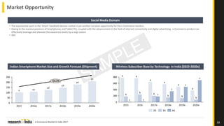 e-Commerce Market in India 2017
Market Opportunity
11
Social Media Domain
• The exponential spurt in the ‘Smart’ handheld devices market is yet another lucrative opportunity for the e-Commerce vendors
• Owing to the massive presence of Smartphones and Tablet PCs, coupled with the advancement in the field of internet connectivity and digital advertising, e-Commerce vendors can
effectively leverage and alleviate the awareness levels by a large extent
• XXX
0
50
100
150
200
250
2015
x1
2016e 2017e 2018e
x3
x2
2019e
x4
x5
x
+15.5%
2020e
Indian Smartphone Market Size and Growth Forecast (Shipment) Wireless Subscriber Base by Technology in India (2015-2020e)
0
200
400
600
800
2020e
b
a
c
c
2019e2018e
a c
b
2017e
b c
a
a
c
b
a
2015
b
2016
c
a
b
2G 3G 4G
 