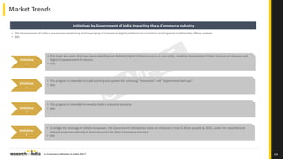 e-Commerce Market in India 2017
Market Trends
15
Initiatives by Government of India Impacting the e-Commerce Industry
• The Government of India is proactively embracing and leveraging e-Commerce digital platforms to transform and organize traditionally offline markets
• XXX
Initiative
1
• The three key areas that have been identified are Building Digital Infrastructure as a core utility, enabling Government Citizen Services on demand and
Digital Empowerment of citizens
• XXX
Initiative
2
• This program is intended to build a strong eco-system for nurturing “Innovation” and “Exponential Start-ups”
• XXX
Initiative
3
• This program is intended to develop India’s industrial scenario
• XXX
Initiative
4
• To bridge the shortage of skilled manpower, the Government of India has taken an initiative to train 0.40 bn people by 2022, under the new National
Tailored programs will help to train resources for the e-Commerce industry
• XXX
 